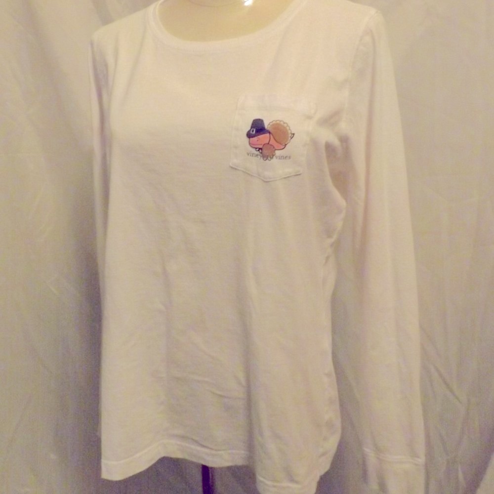 Vineyard Vines Women's Size M White Pink Happy Thanksgiving Pocketed T-S…